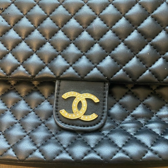 Black Quilted Shoulder Bag with Gold and Pearl Accents - Picture 3 of 12